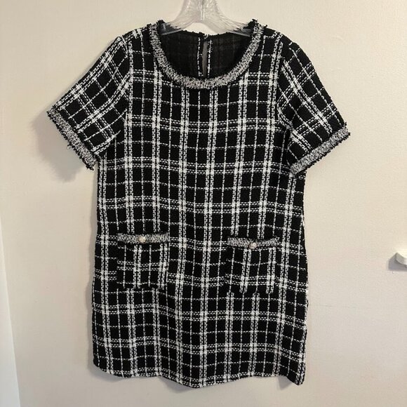 SHEIN Black & White Tweed Plaid Dress Knee Length with Silver Buttons - Size 6 - Picture 3 of 10